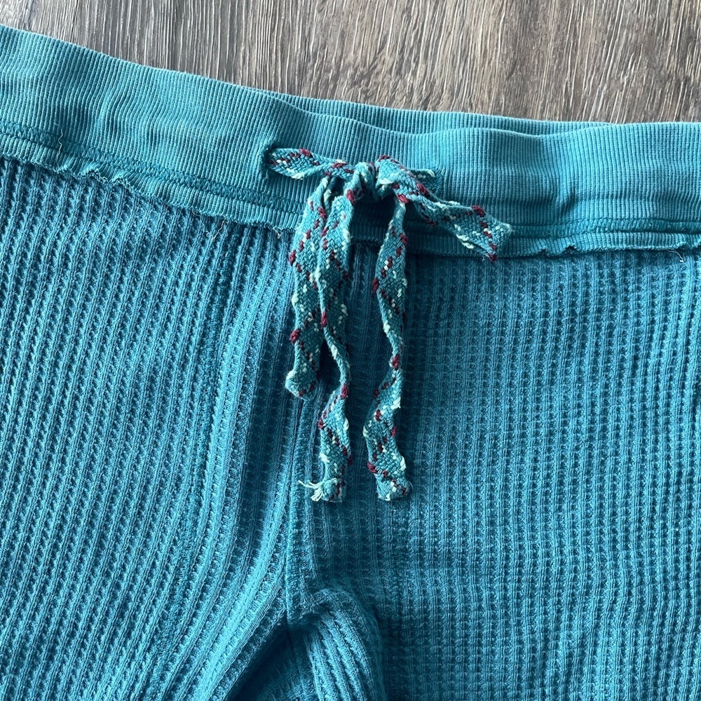 Sundance | Teal Blue Thermal Waffle Knit Drawstring Joggers Boho Cotton Blend - Picture 4 of 7
